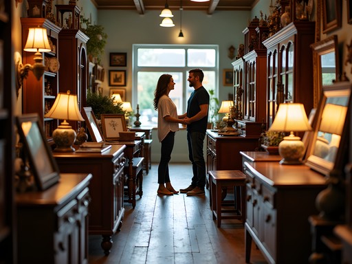 Couple browsing antique furniture in Jackson Tennessee vintage shop