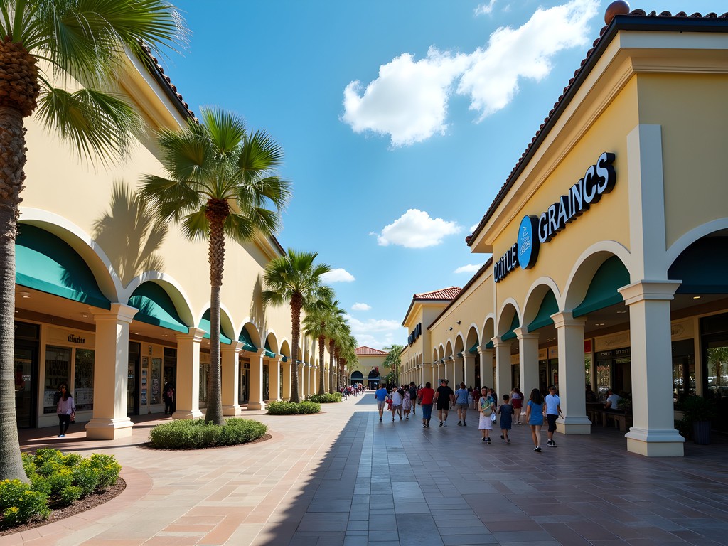 Outdoor walkways and storefronts at St. Augustine Premium Outlets near Jacksonville
