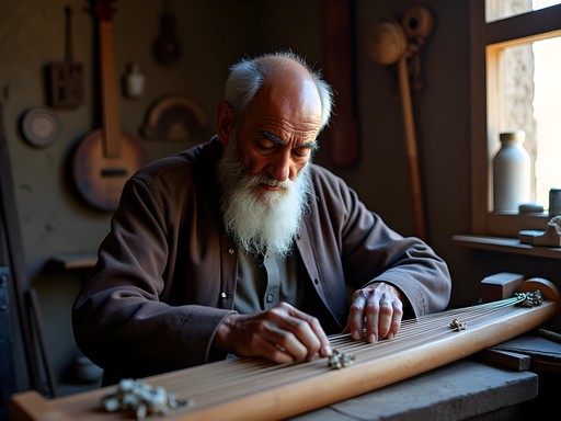 Traditional instrument maker in Ka Faroshi Bird Market crafting a rebab