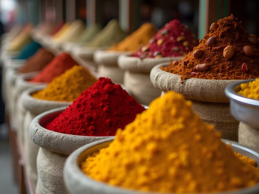 Colorful spice displays at Mandawi Market in Kabul