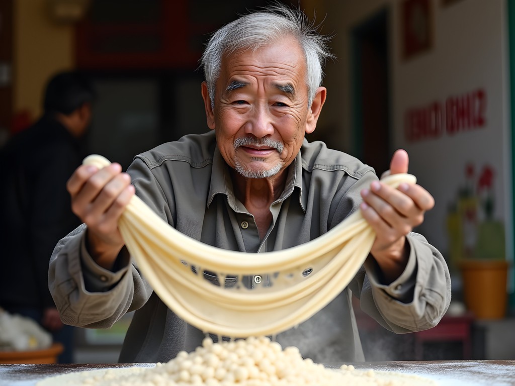 Dungan vendor demonstrating traditional hand-pulled noodle technique at Karakol market