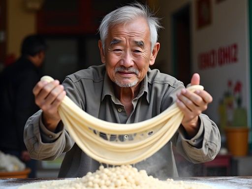 Dungan vendor demonstrating traditional hand-pulled noodle technique at Karakol market