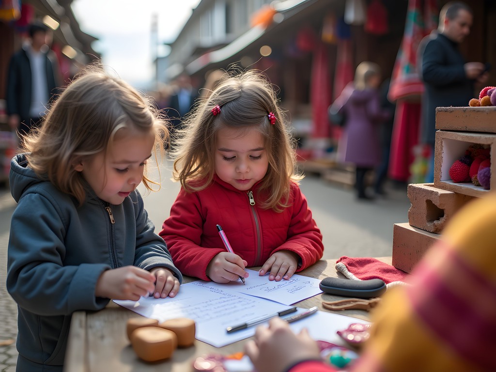 Family exploring Karakol Bazaar with children engaged in market scavenger hunt