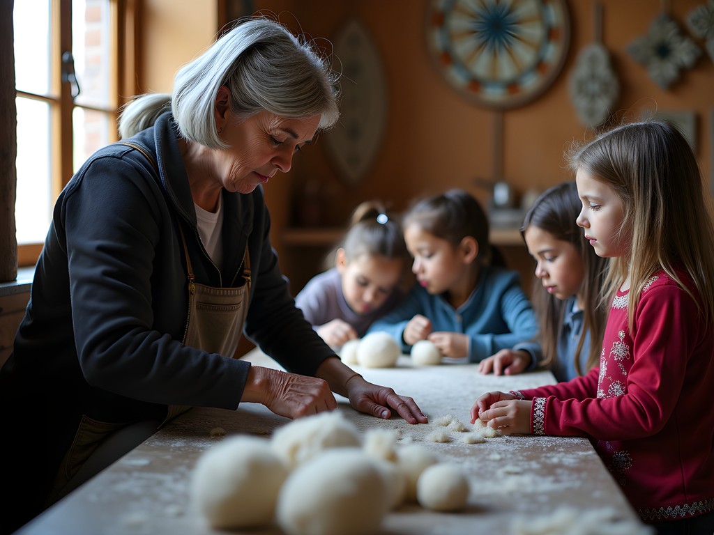 Family participating in traditional felt-making workshop in Karakol with local artisan