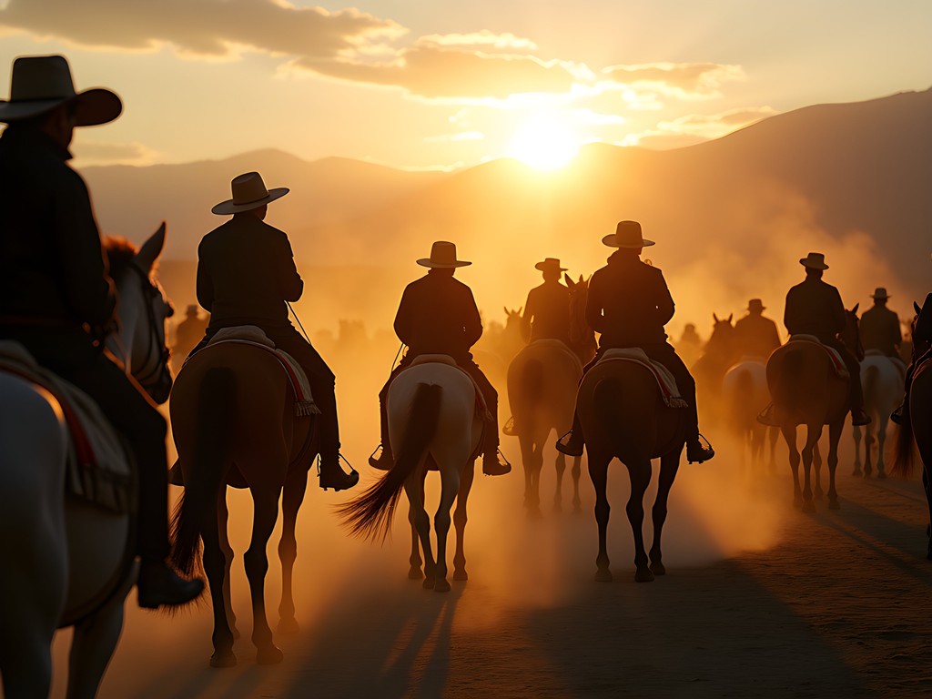Early morning light at Karakol's Sunday Animal Market with silhouettes of horses and traders