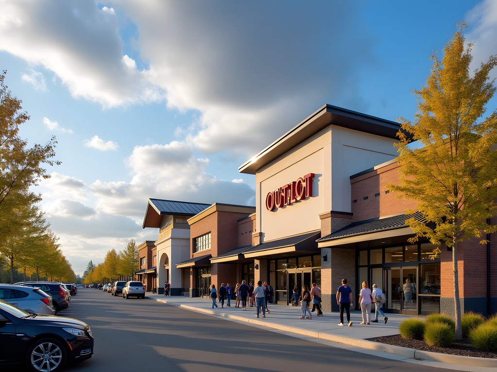 Outlet shopping center in Kent Washington with shoppers and storefronts