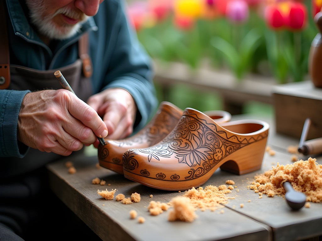 Traditional Dutch wooden shoe carver demonstrating his craft at Lisse market