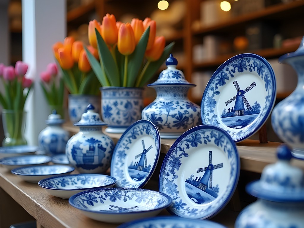 Authentic Delft Blue ceramics display in Keukenhof's Willem-Alexander Pavilion shop