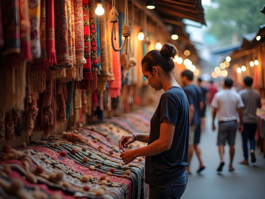 Local artisan displaying handcrafted Malaysian textiles at weekend craft market in Kuala Lumpur