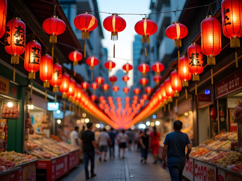 Red lanterns illuminating Petaling Street night market in Kuala Lumpur's Chinatown