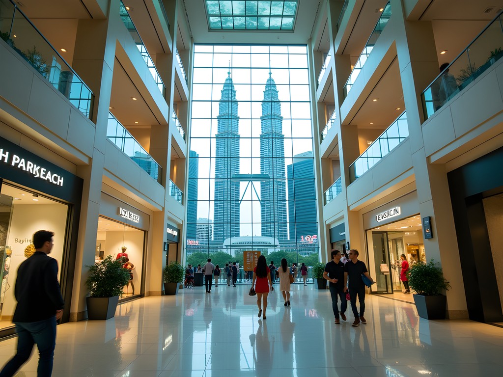 Interior of Suria KLCC mall with view of Petronas Twin Towers