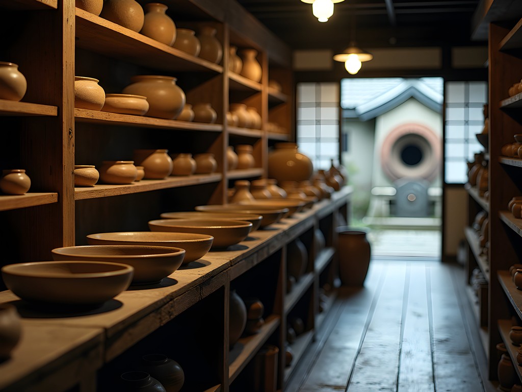 Traditional pottery workshop in Higashiyama district with handcrafted ceramics and wood-firing kiln