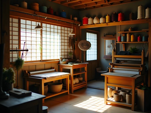 Traditional Japanese textile workshop with wooden looms and colorful threads in Kyoto