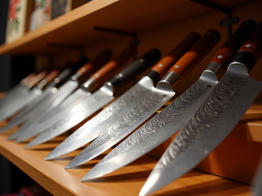 Traditional Japanese knife shop in Nishiki Market with handcrafted knives displayed on wooden shelves