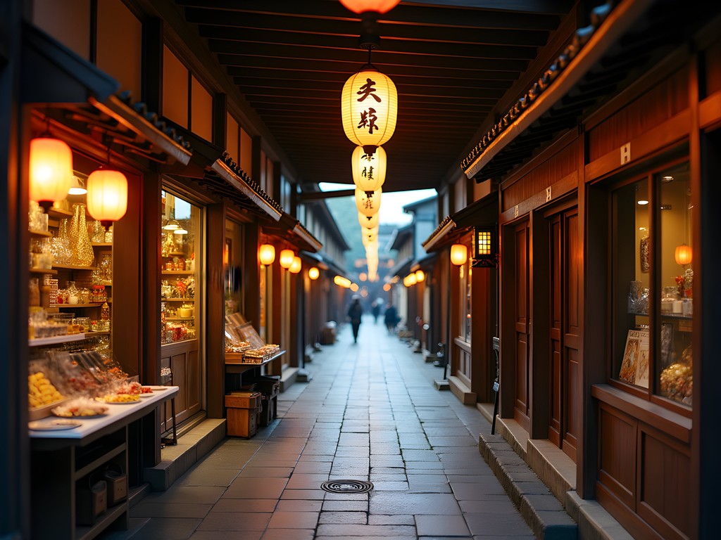Traditional covered shopping arcade in Teramachi with wooden shopfronts and lanterns