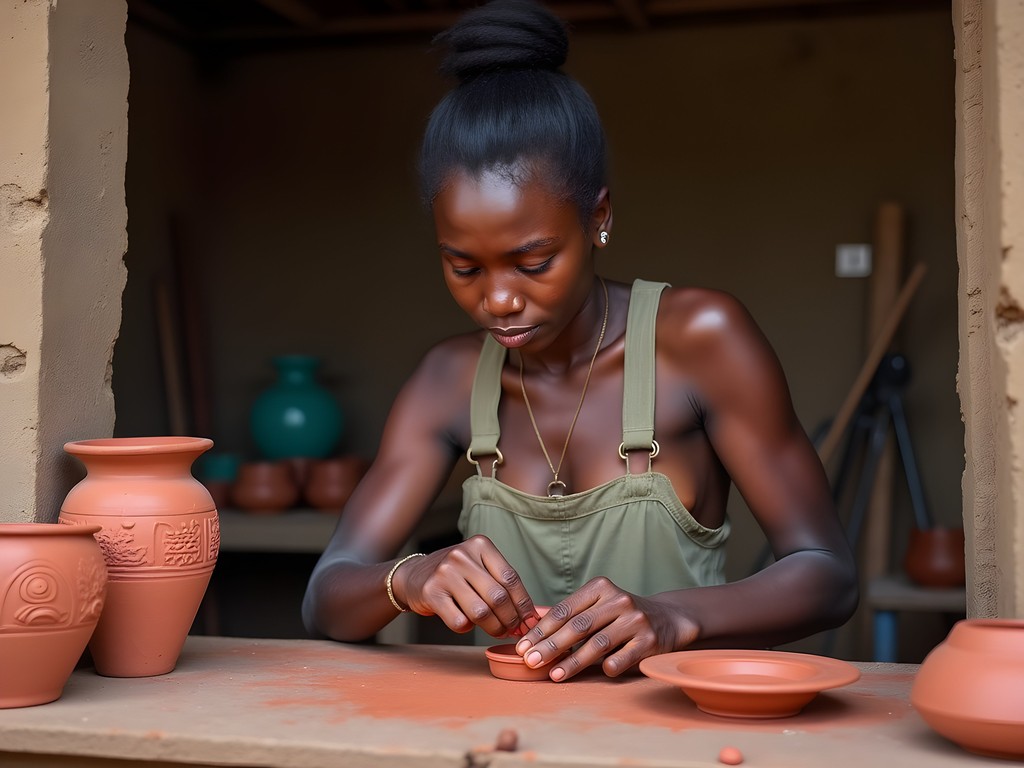 Dominican artisan creating traditional Taíno-inspired ceramic pieces in workshop on Calle del Artesano