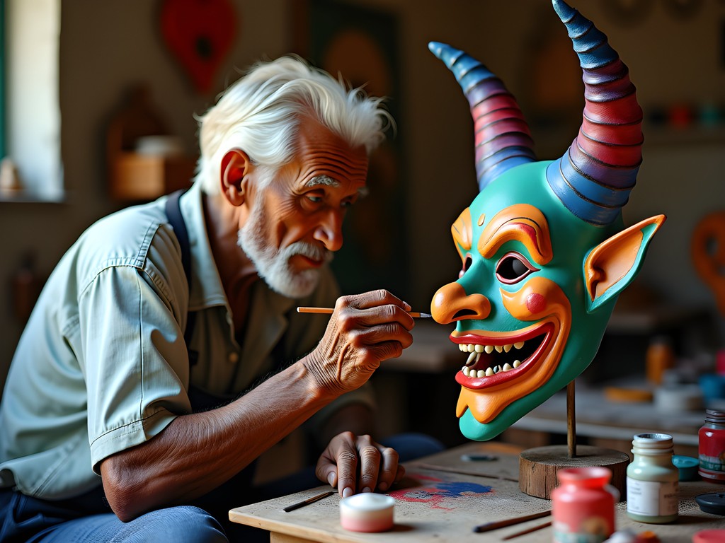 Master artisan painting traditional Dominican carnival mask in La Vega workshop