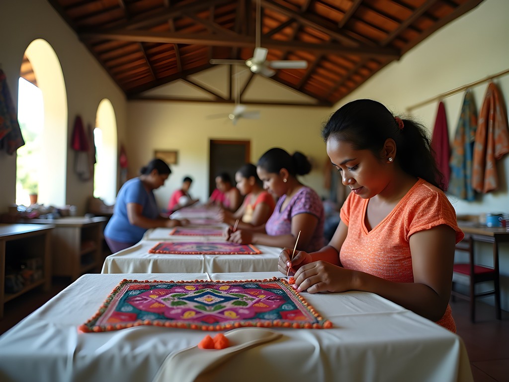 Dominican women artisans creating colorful embroidered textiles at La Vega cooperative