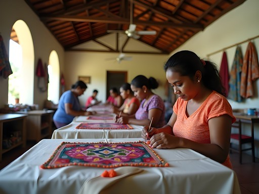 Dominican women artisans creating colorful embroidered textiles at La Vega cooperative