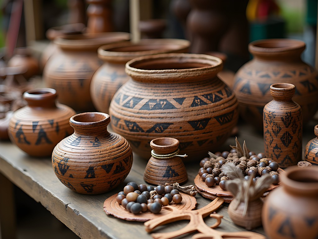 Indigenous craft display featuring woven baskets and pottery at Lelydorp market