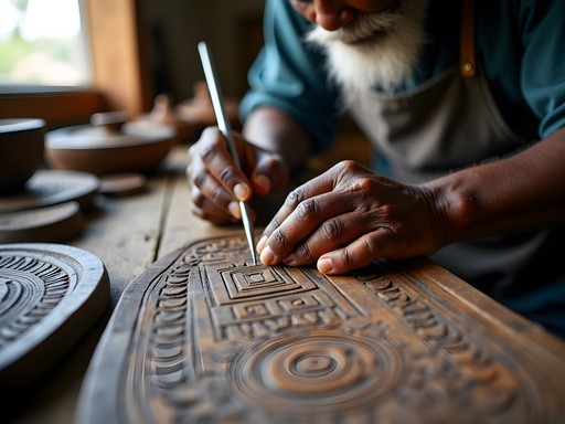 Maroon craftsman demonstrating traditional woodcarving techniques in Lelydorp workshop
