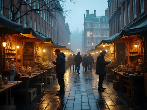 Early morning scene at Bermondsey Antique Market with dealers setting up by flashlight