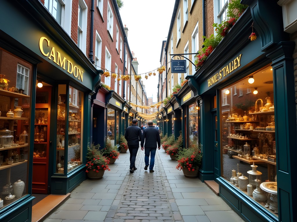 Quaint row of specialized antique shops along Camden Passage in Islington