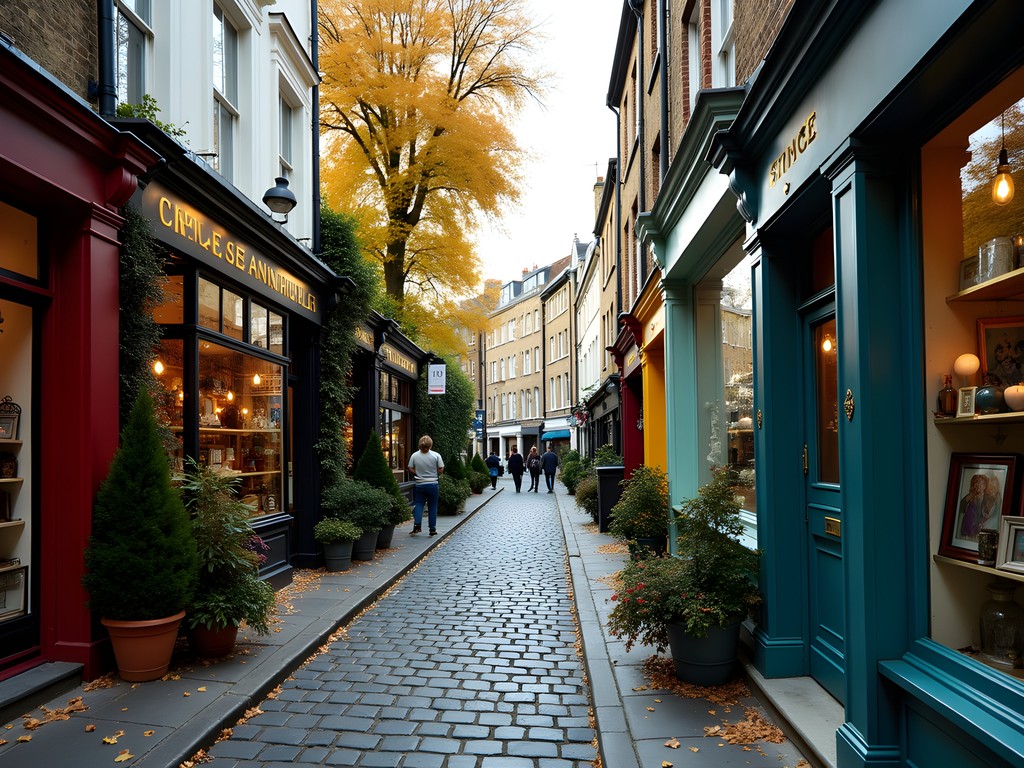 Quiet side street off Portobello Road with specialized antique shops and fall foliage