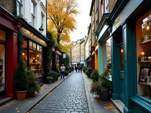 Quiet side street off Portobello Road with specialized antique shops and fall foliage