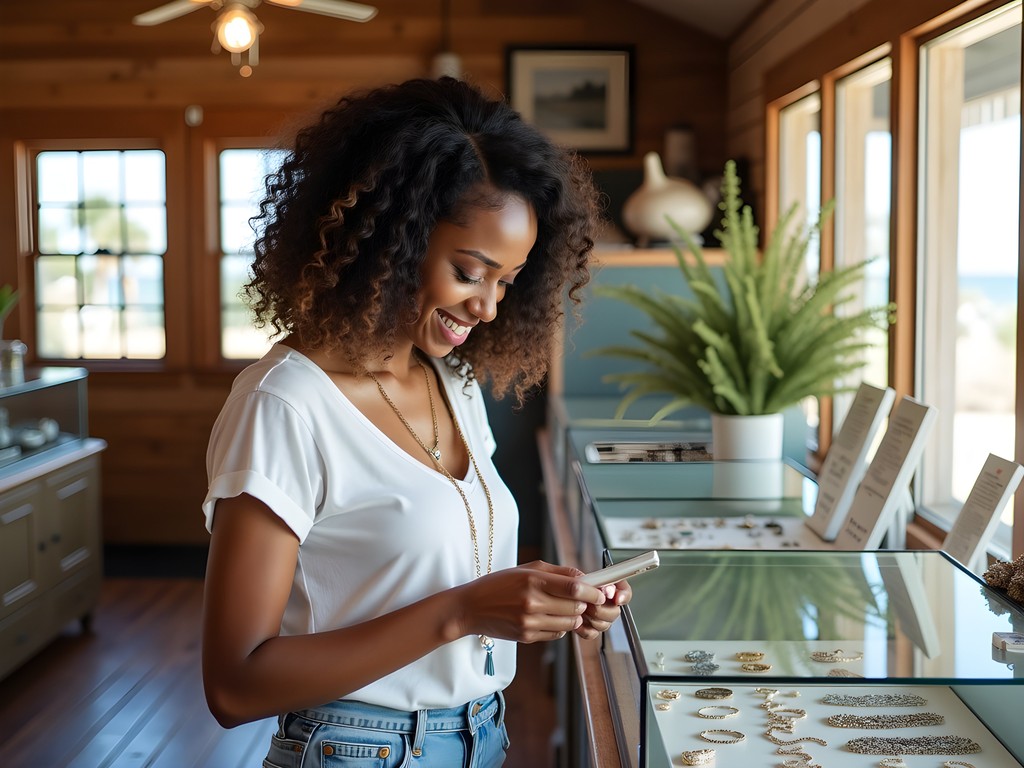 Woman examining artisanal jewelry at a boutique in Viking Village, Long Beach Island