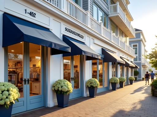 Elegant exterior of upscale boutiques at Schooner's Wharf shopping area in Beach Haven