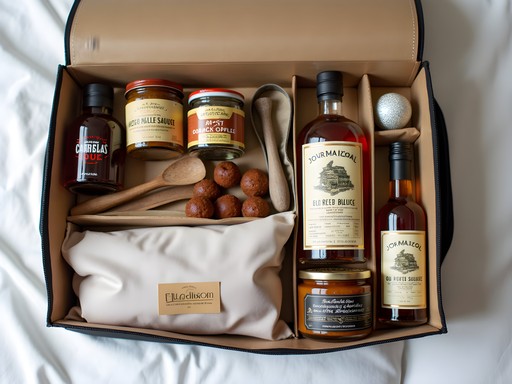 Carefully packed bourbon souvenirs and accessories for travel