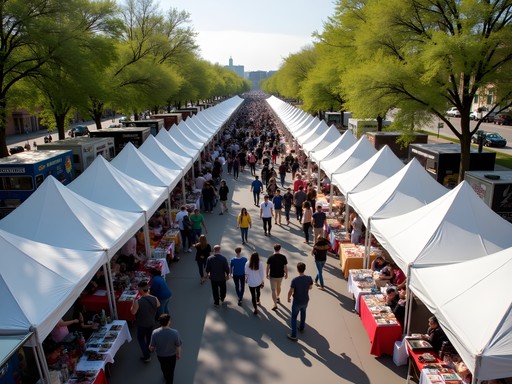 Bustling outdoor Flea Off Market with vendor tents and shoppers in Louisville