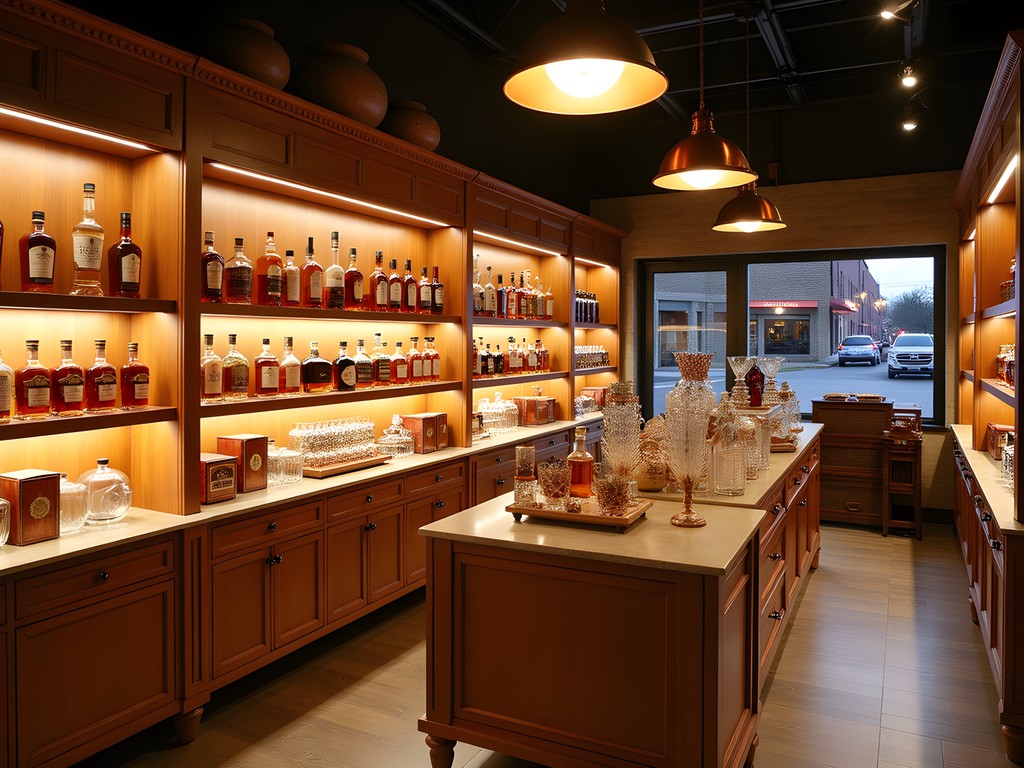 Artfully displayed bourbon and accessories in a Louisville distillery gift shop