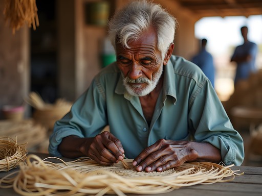 Bahamian artisan demonstrating traditional straw weaving techniques at local market