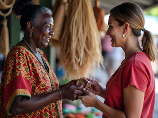 Cultural exchange between traveler and Bahamian market vendor examining handcrafted items