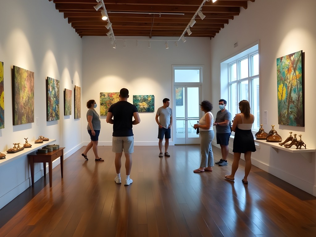 Interior of upscale Bahamian art gallery in Count Basie Square showing contemporary mixed media artwork