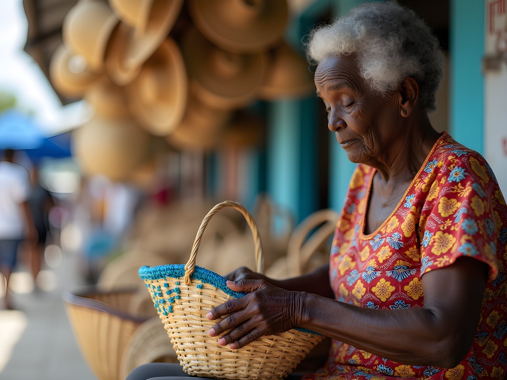 Elderly Bahamian woman weaving intricate straw basket at Port Lucaya Marketplace