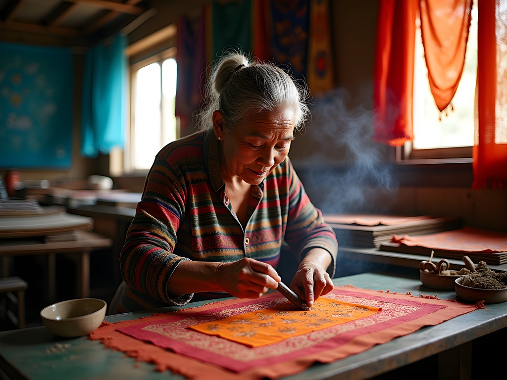 Malaysian artisan demonstrating traditional batik wax application technique in a Malacca workshop