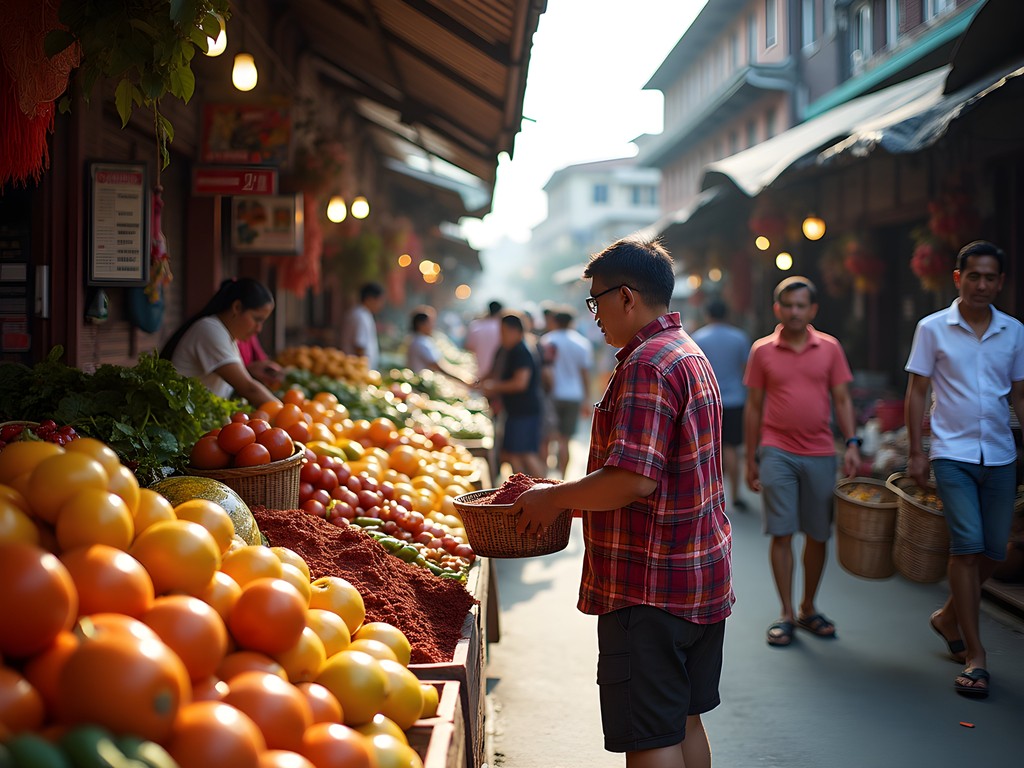 Local vendors and shoppers at Pasar Besar Central Market in Malacca with colorful produce displays