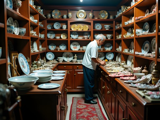 Interior of traditional Peranakan antique shop in Malacca displaying colorful porcelain and beaded artifacts