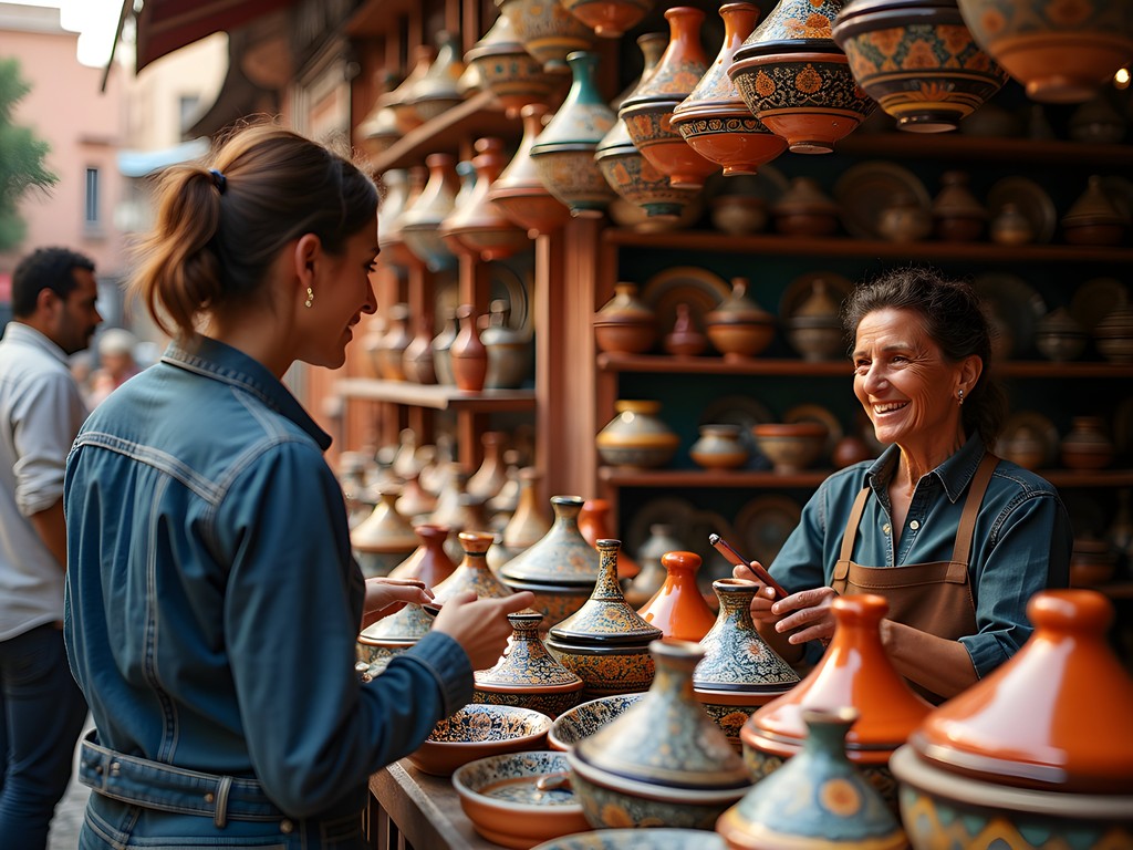 Woman bargaining with shopkeeper in Marrakech ceramic shop