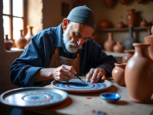 Moroccan artisan hand-painting traditional ceramic in small workshop
