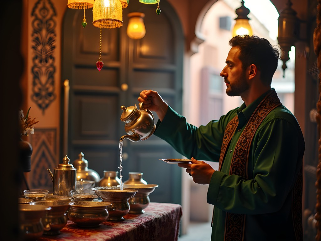Traditional Moroccan mint tea being served in a small shop in Marrakech souk