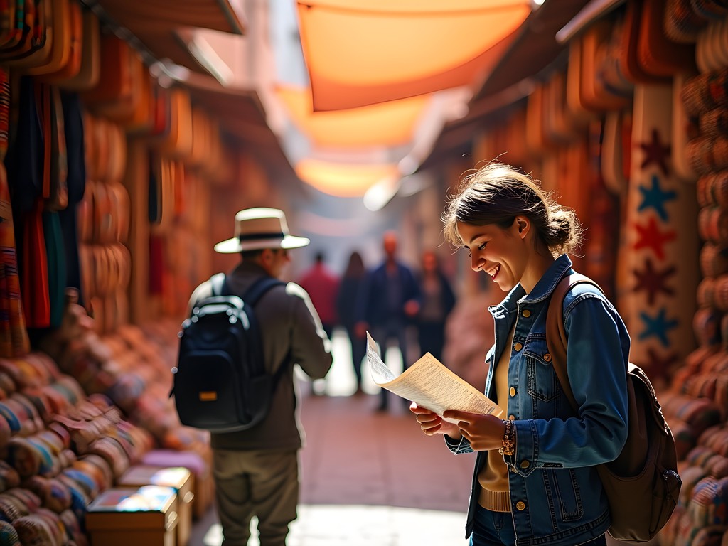 Tourist consulting map in colorful narrow alleyway of Marrakech souk