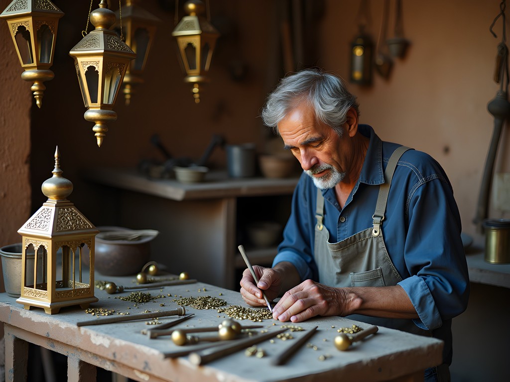 Moroccan artisan crafting intricate metalwork in traditional workshop in Marrakech