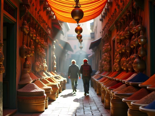Colorful entrance to Marrakech's main souk with spice displays and hanging lamps