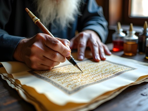 Master calligrapher creating traditional Arabic script in Medina workshop
