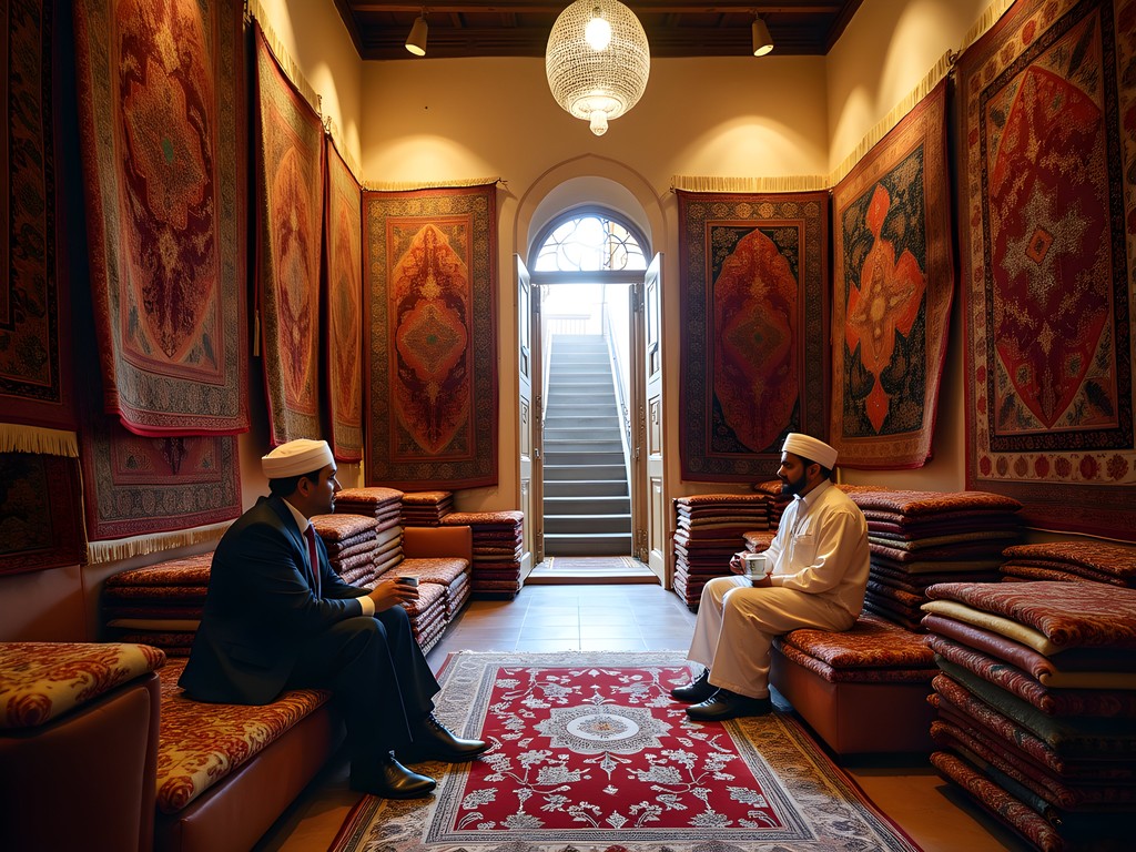 Couple negotiating for handwoven carpet in traditional Medina carpet shop