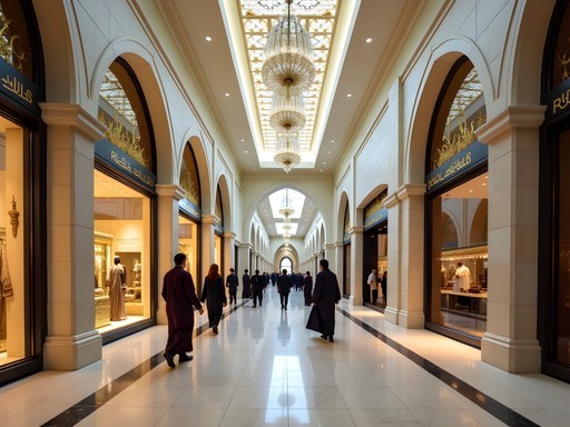 Interior of upscale shopping area in Medina with traditional architectural elements